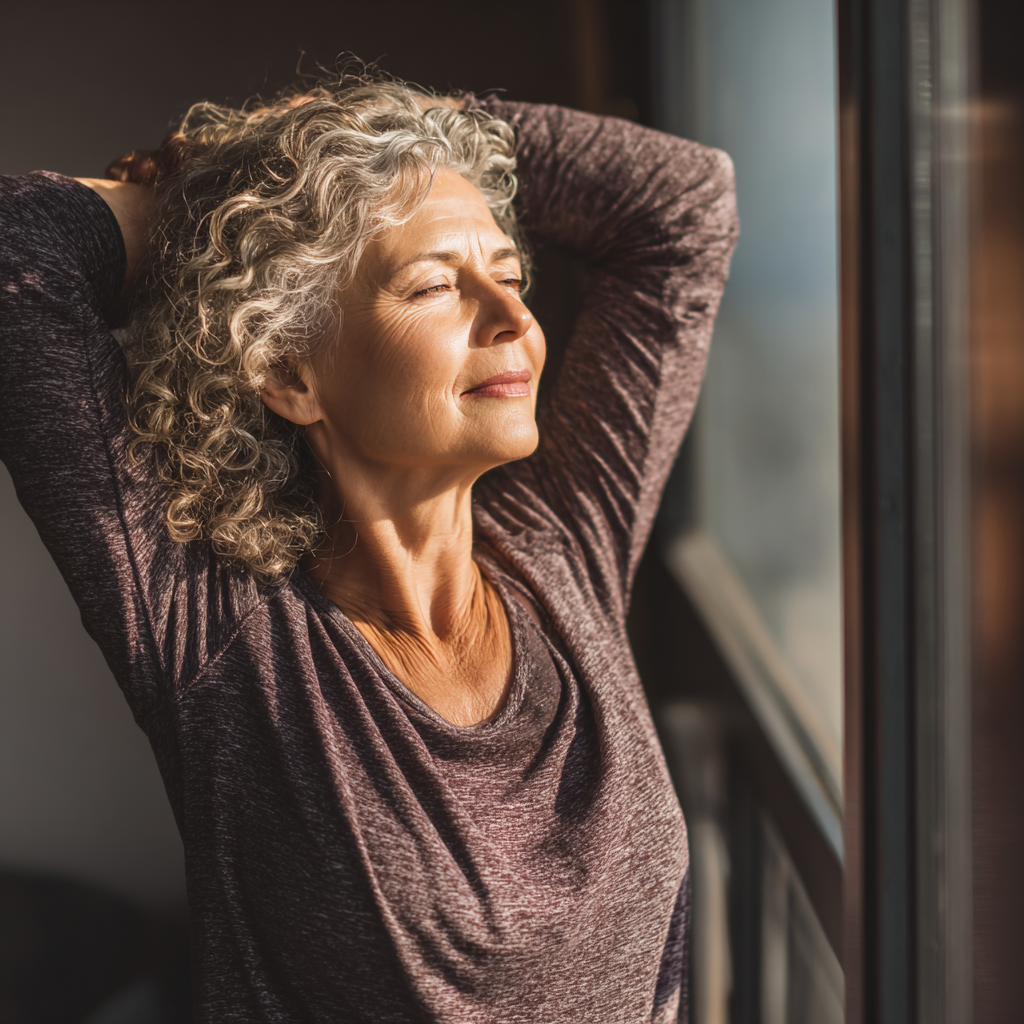 Middle-aged woman practicing gentle stretching exercises in natural light