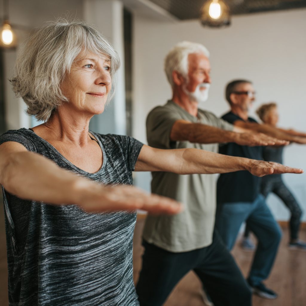 Older adults group doing balanced fitness routine in calm studio environment